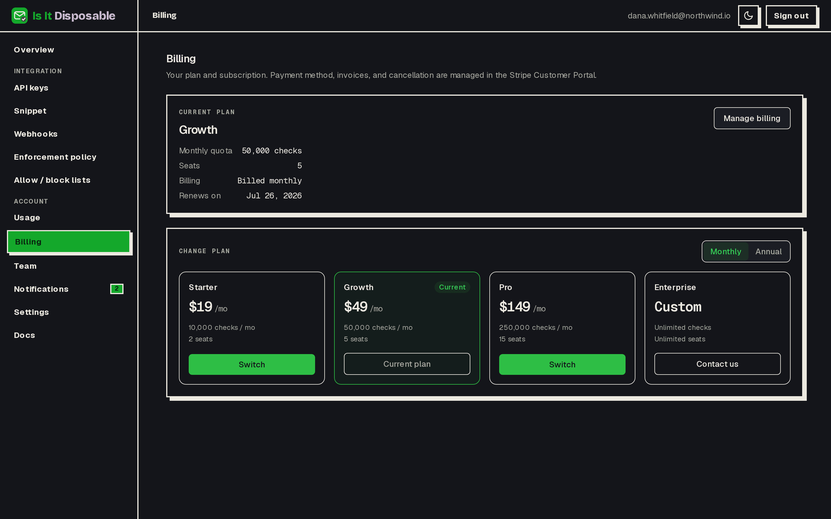 The billing page showing the current plan, quota, seats, renewal date, and one-click plan switching