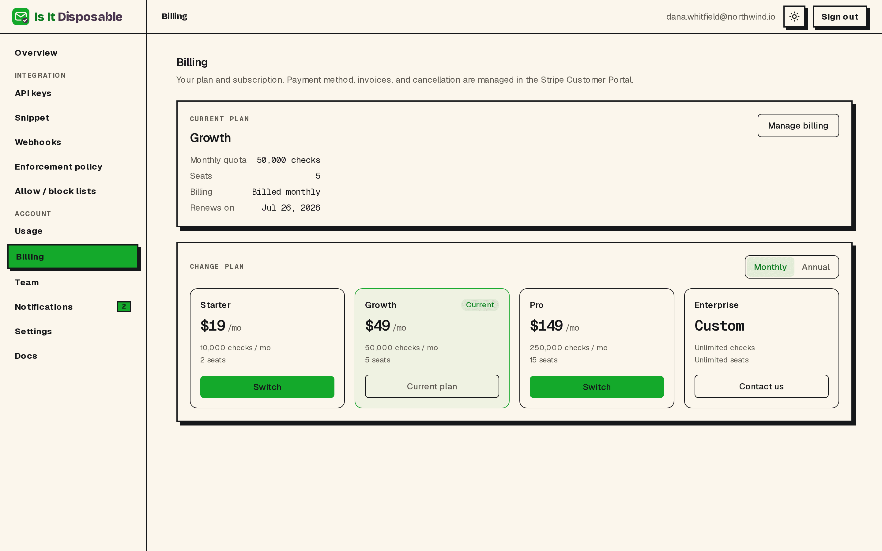 The billing page showing the current plan, quota, seats, renewal date, and one-click plan switching