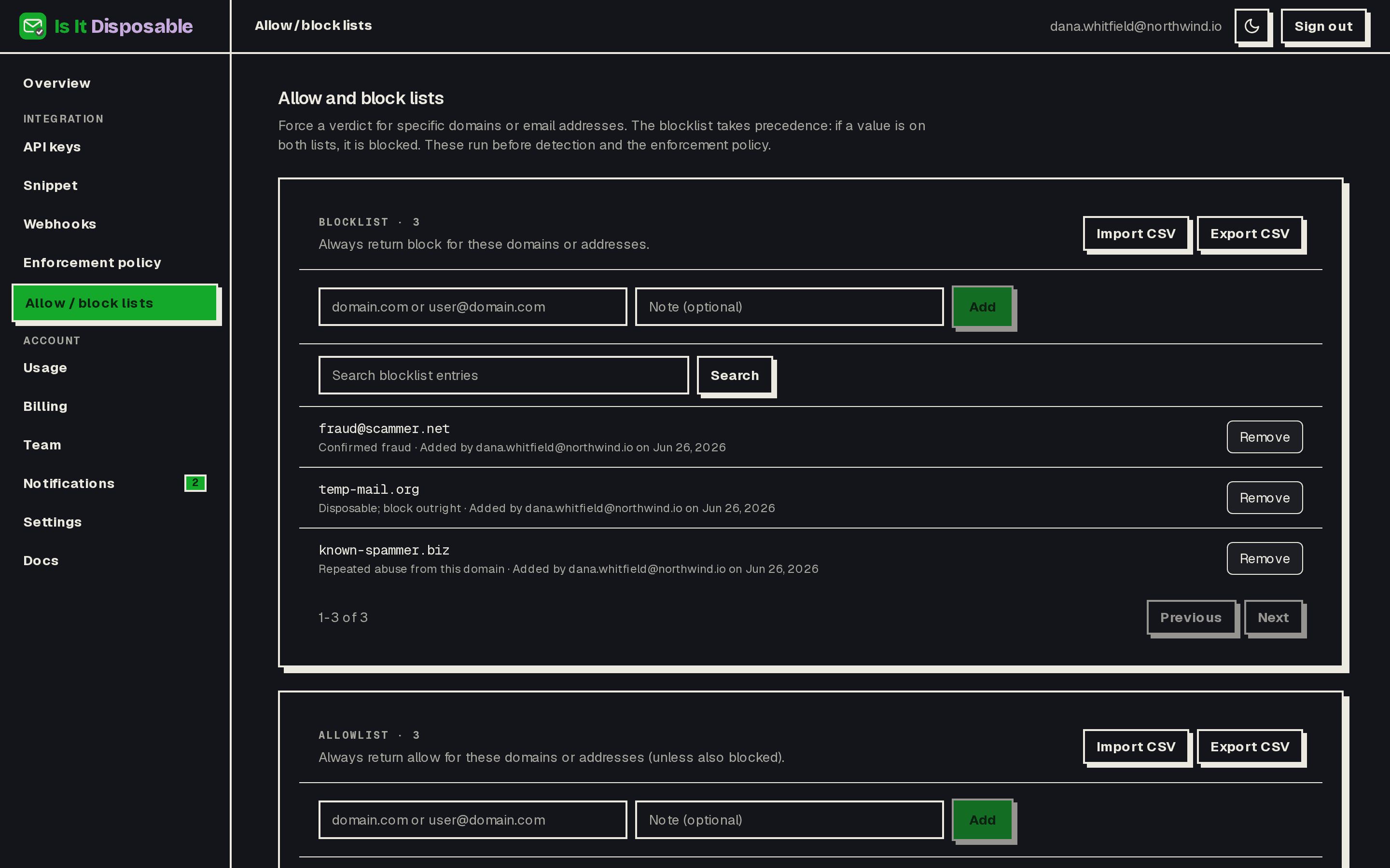 The allow and block lists editor with per-entry notes and CSV import