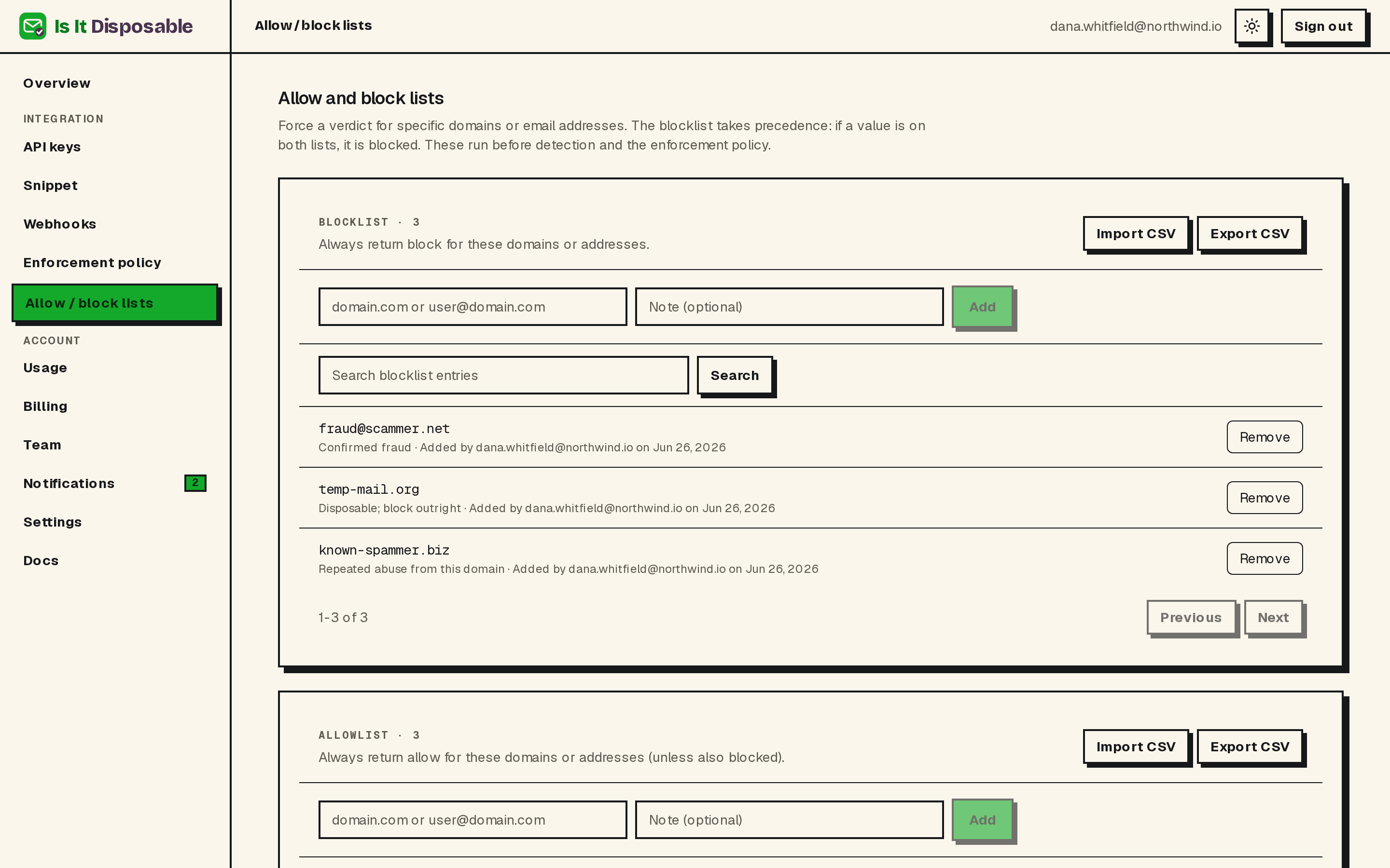 The allow and block lists editor with per-entry notes and CSV import