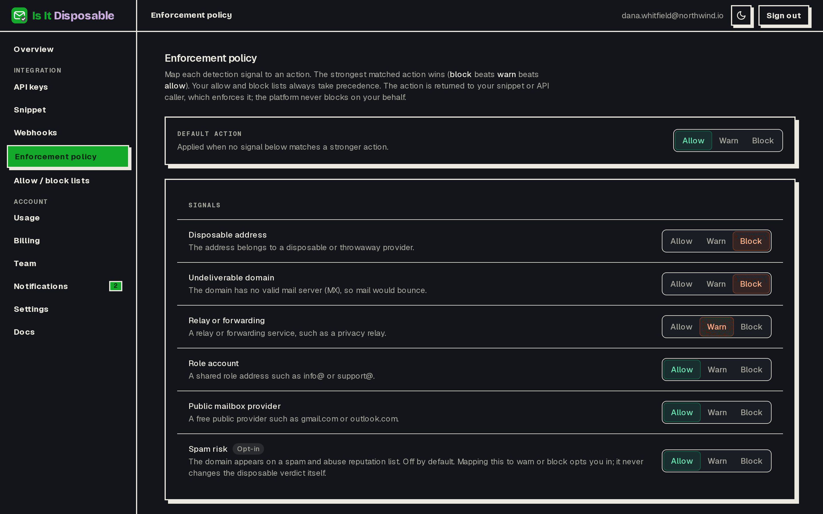 The enforcement policy editor mapping each detection signal to allow, warn, or block
