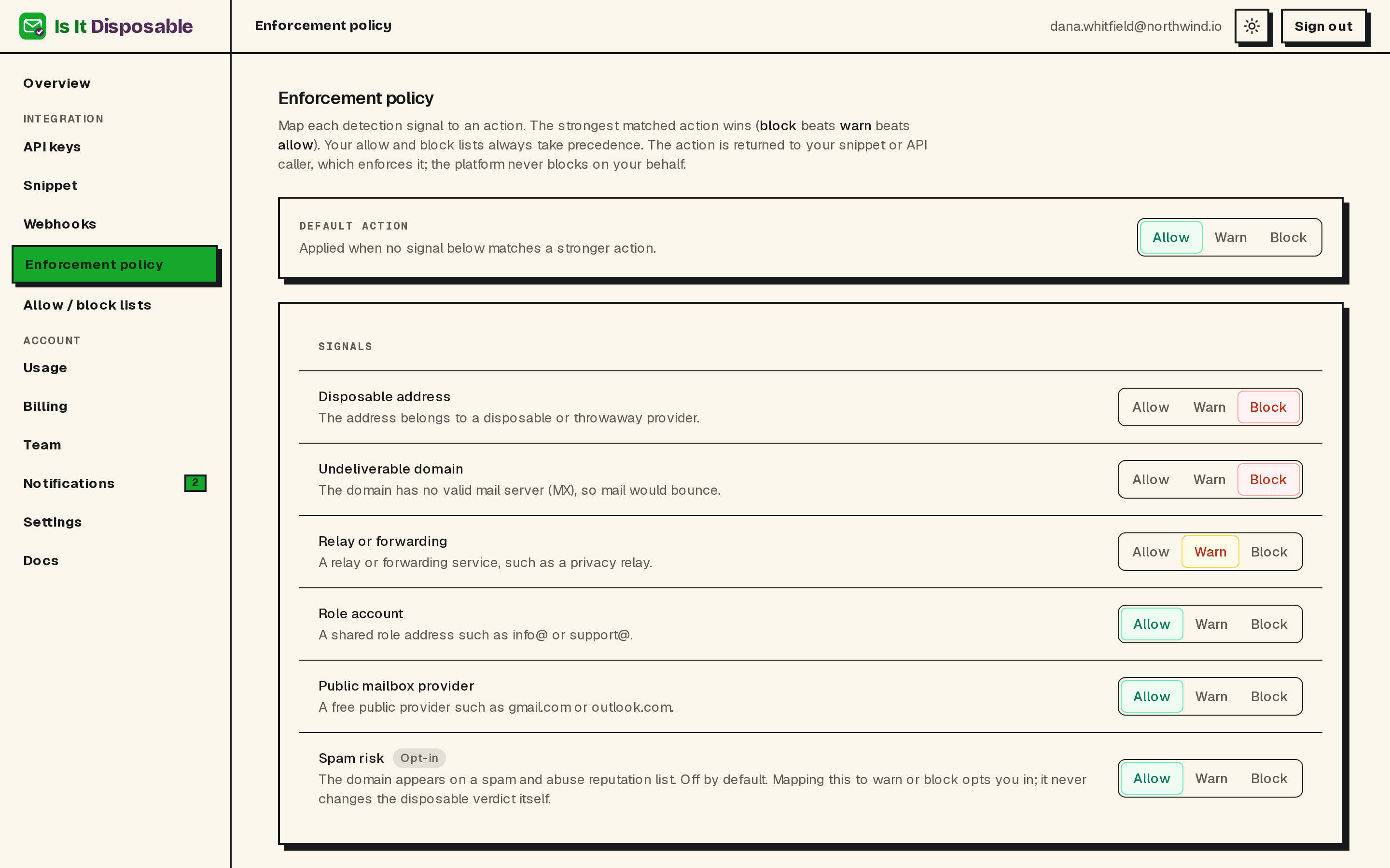 The enforcement policy editor mapping each detection signal to allow, warn, or block