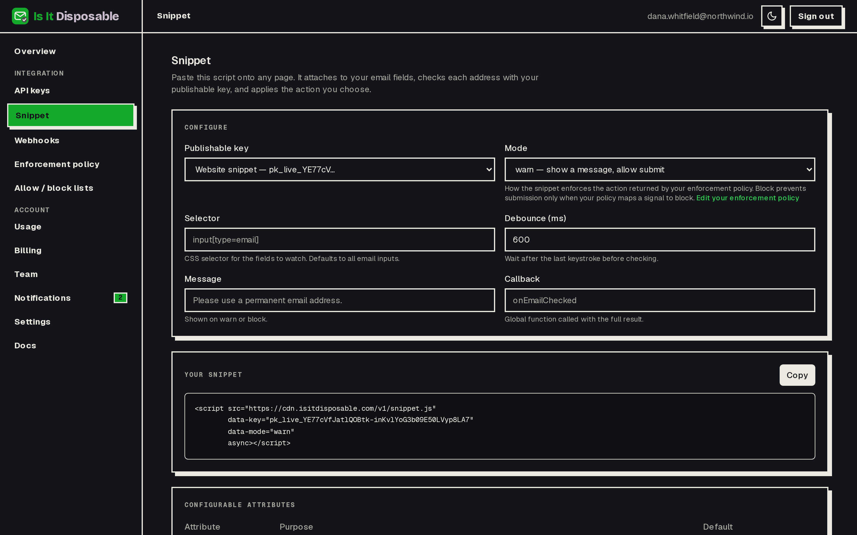 The snippet configurator with key selection, mode, selector, and a copy-ready script tag