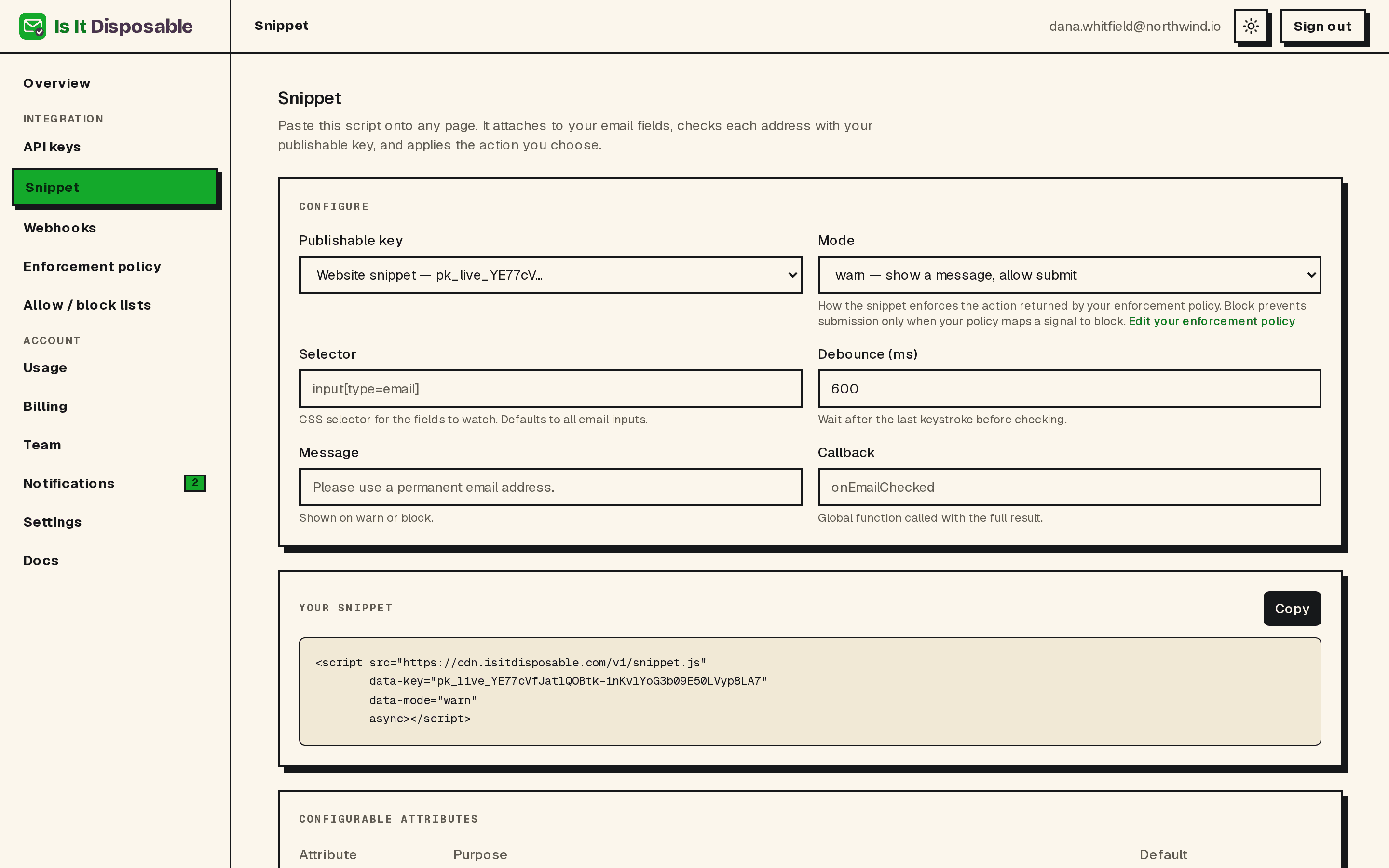 The snippet configurator with key selection, mode, selector, and a copy-ready script tag