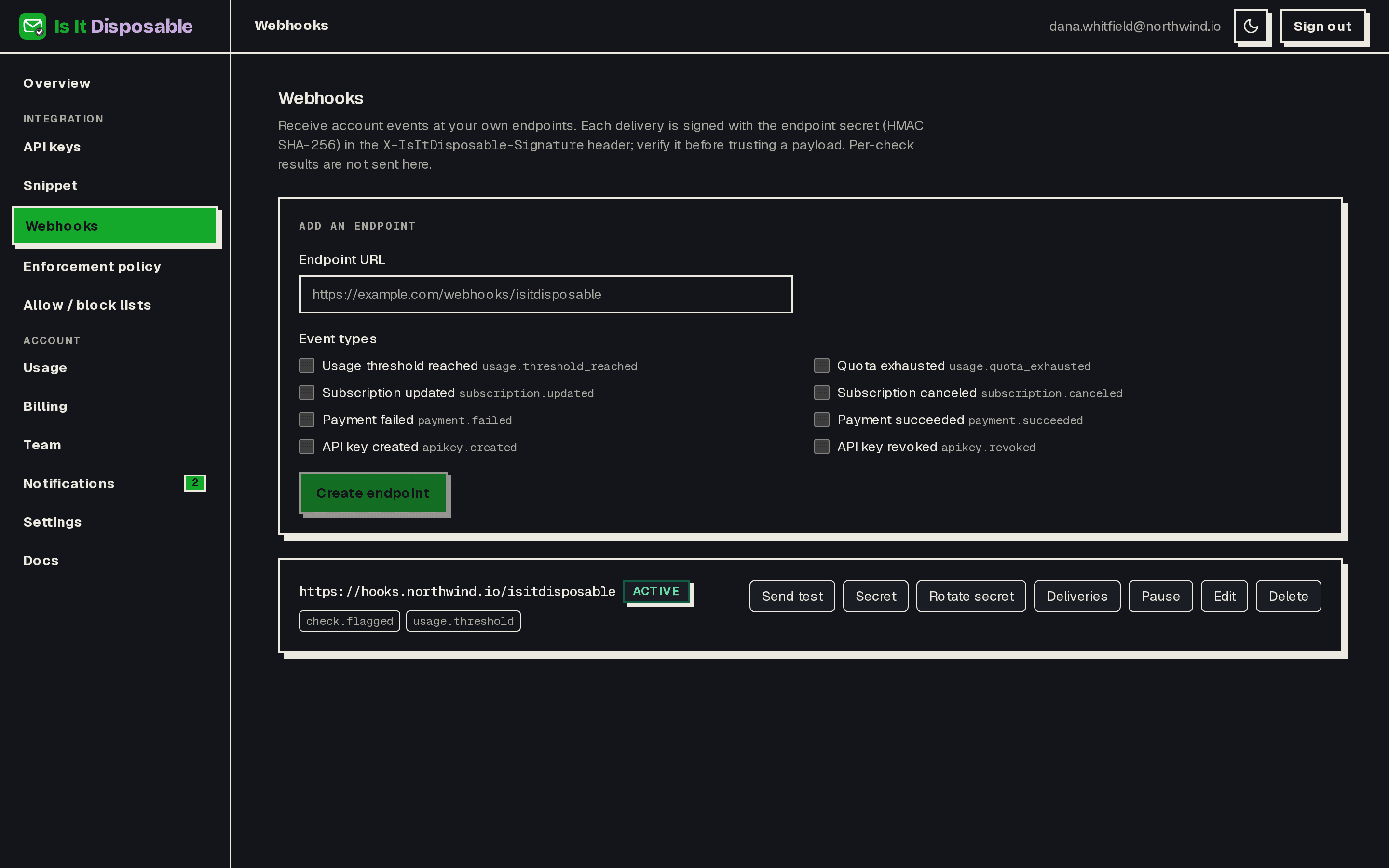 The webhooks page with endpoint configuration, event type selection, and signed deliveries