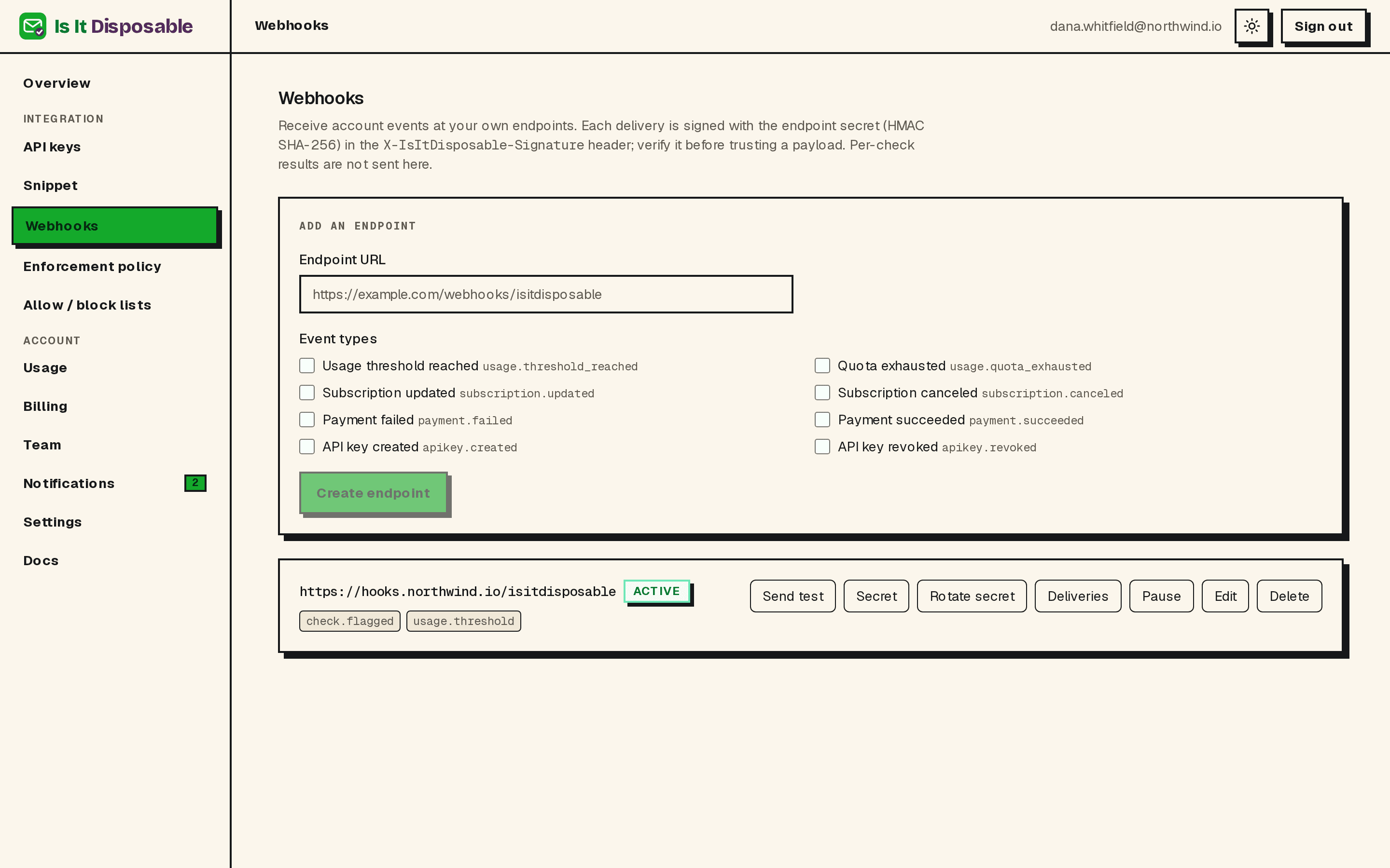 The webhooks page with endpoint configuration, event type selection, and signed deliveries